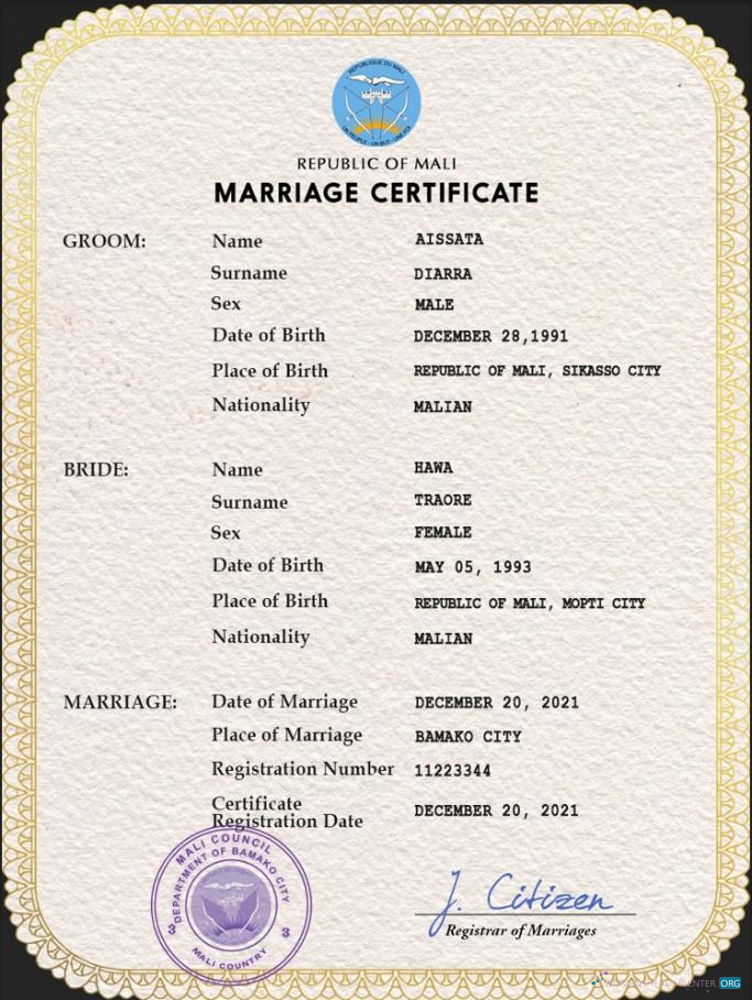 Download Mali marriage certificate PSD template Photoshop template